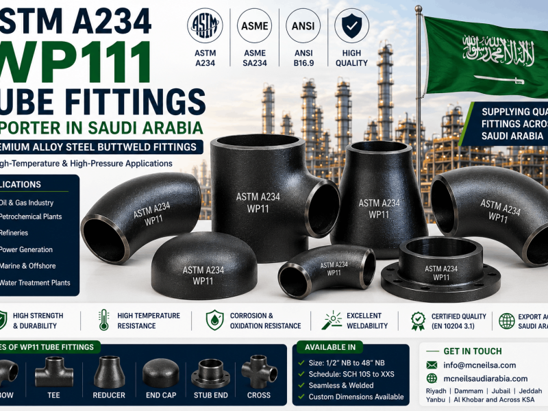 ASTM A234 WP11 tube fittings exporter in Saudi Arabia supplying alloy steel buttweld elbows, tees, reducers, and industrial pipe fittings