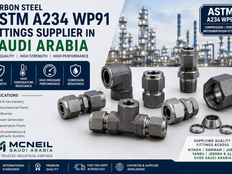 Carbon Steel ASTM A234 WP91 Fittings Supplier in Saudi Arabia offering high pressure compression and instrumentation tube fittings for oil and gas industries.