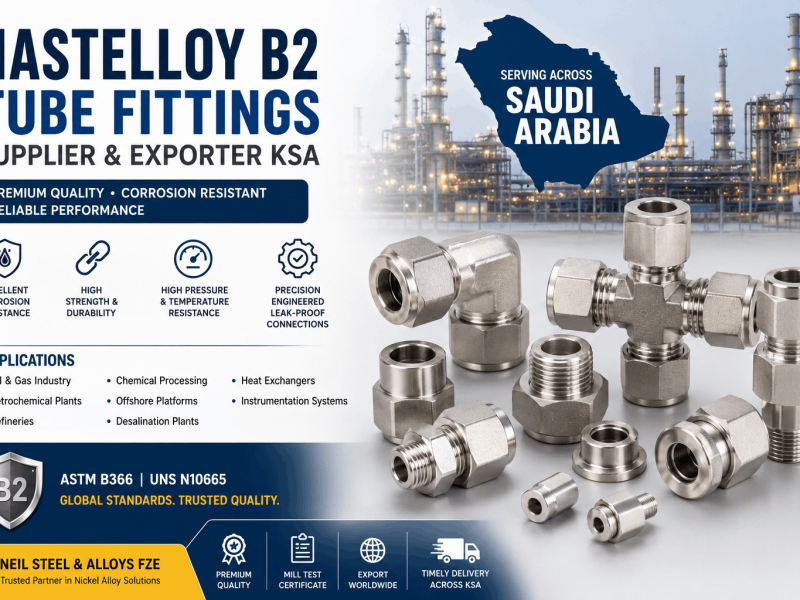 Hastelloy B2 Tube Fittings Supplier & Exporter in Saudi Arabia offering ASTM B366 UNS N10665 corrosion resistant instrumentation and compression fittings for oil and gas industries.