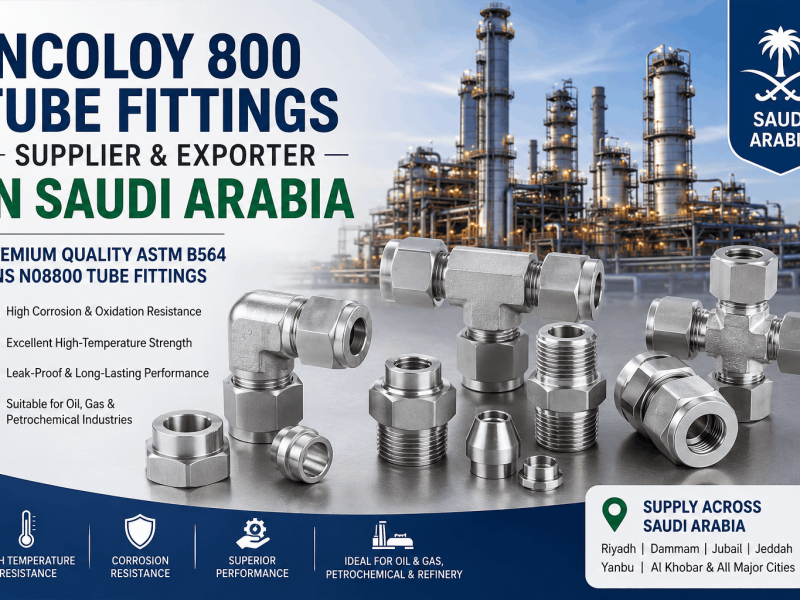 Incoloy 800 tube fittings supplier in Saudi Arabia offering ASTM B564 UNS N08800 compression and ferrule fittings for oil and gas industries.