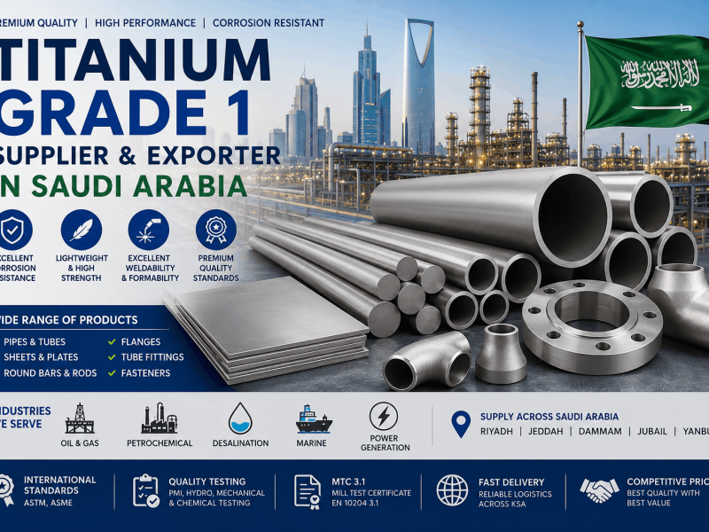 Titanium Grade 1 supplier and exporter in Saudi Arabia offering pipes, tubes, sheets, plates, flanges, and fittings for oil and gas industries