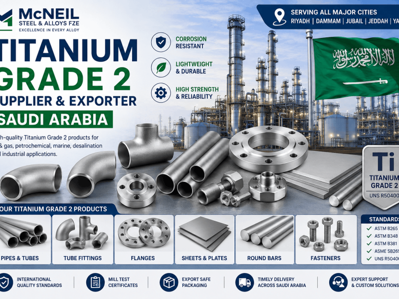 Titanium Grade 2 supplier and exporter in Saudi Arabia offering pipes, tubes, flanges, fittings, sheets, plates, round bars, and fasteners for industrial applications.