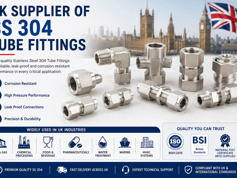 Stainless steel 304 tube fittings UK supplier infographic showing industrial applications, features, and certifications