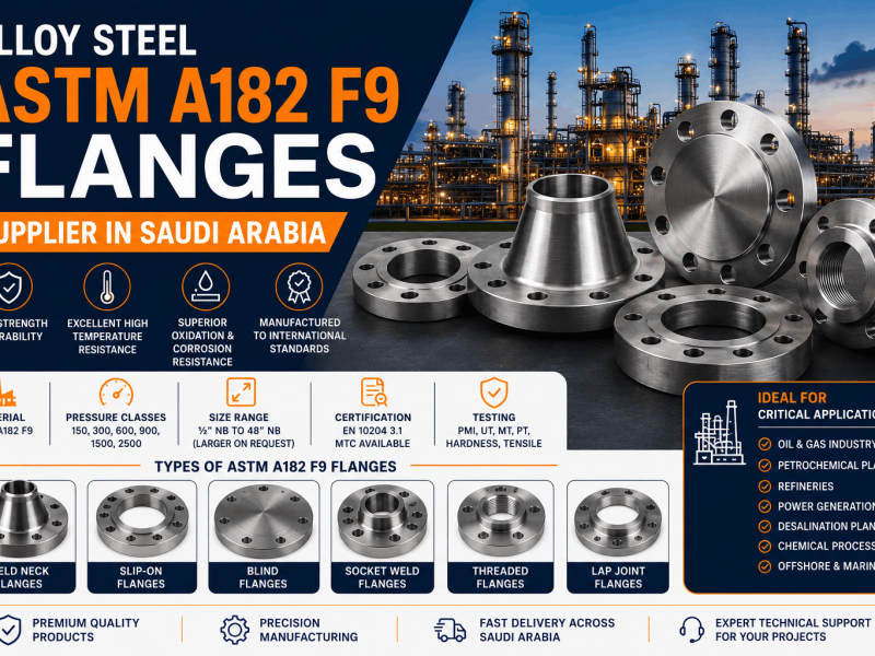 Alloy Steel ASTM A182 F9 Flanges Supplier Saudi Arabia offering weld neck, slip-on, blind, socket weld, threaded and lap joint flanges for oil and gas, refinery and petrochemical applications.