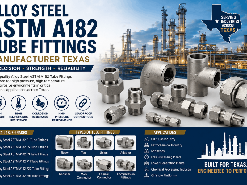 Alloy Steel ASTM A182 Tube Fittings Manufacturer Texas supplying F1, F5, F9, F11, F22 and F91 grade tube fittings for oil and gas, petrochemical and power plant applications.