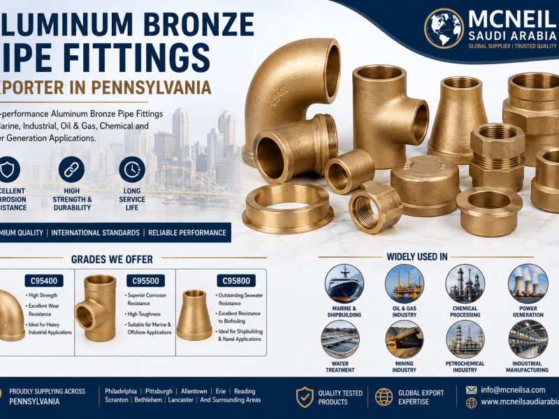 Aluminum Bronze Pipe Fittings Exporter in Pennsylvania supplying C95400, C95500 and C95800 pipe fittings for marine, oil and gas, chemical processing and industrial applications.