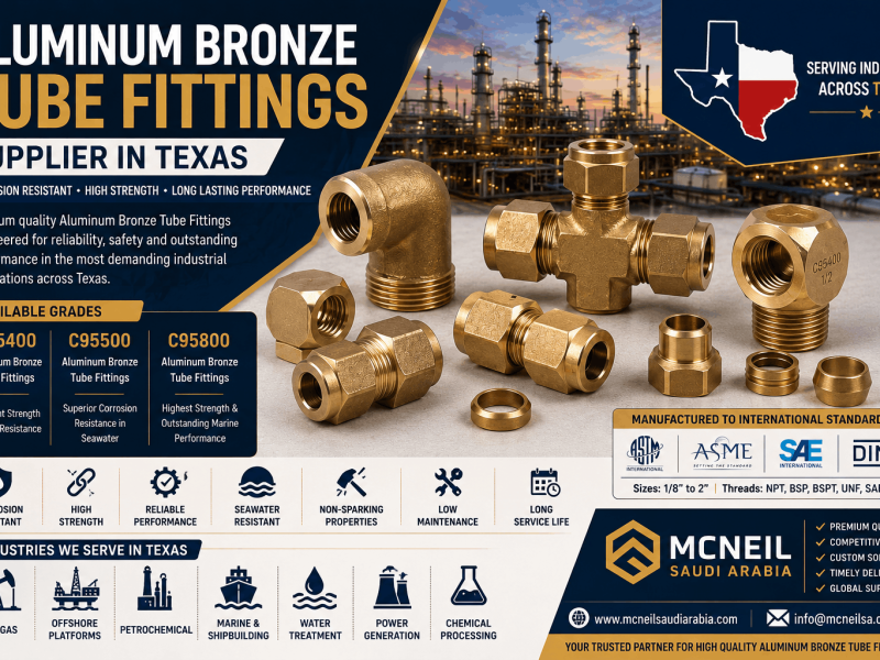 Aluminum Bronze Tube Fittings Supplier in Texas offering C95400, C95500, and C95800 grade compression and instrumentation tube fittings for oil and gas, marine, and petrochemical industries.