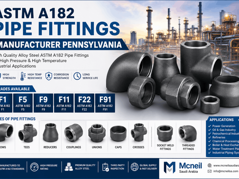 ASTM A182 alloy steel pipe fittings manufacturer in Pennsylvania supplying F1, F5, F9, F11, F22 and F91 forged fittings for high-pressure industrial applications.