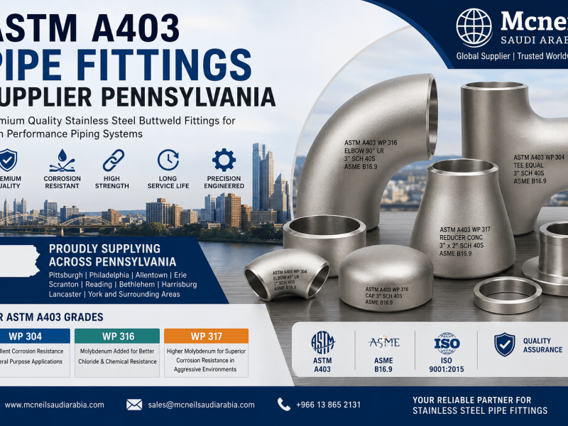 ASTM A403 stainless steel pipe fittings supplier in Pennsylvania offering WP304, WP316, and WP317 buttweld elbows, tees, reducers, and caps for industrial applications.
