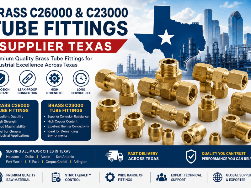 Brass C26000 and C23000 Tube Fittings Supplier in Texas offering brass compression, instrumentation, and ferrule fittings for industrial applications.