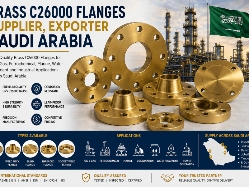 Brass C26000 Flanges Supplier and Exporter in Saudi Arabia offering UNS C26000 cartridge brass slip on, weld neck, blind and threaded flanges for oil and gas, petrochemical, marine and desalination applications.