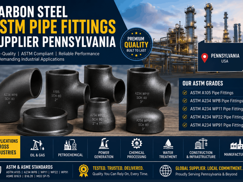 Carbon Steel ASTM Pipe Fittings Supplier Pennsylvania offering ASTM A105, ASTM A234 WPB, WP11, WP22, and WP91 pipe fittings for industrial applications.