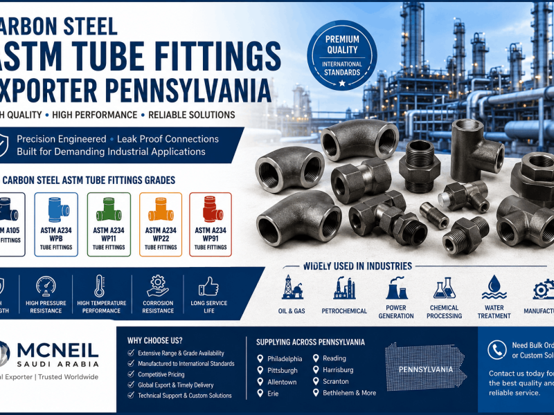 Carbon Steel ASTM Tube Fittings Exporter Pennsylvania supplying ASTM A105, ASTM A234 WPB, WP11, WP22, and WP91 tube fittings for industrial applications.