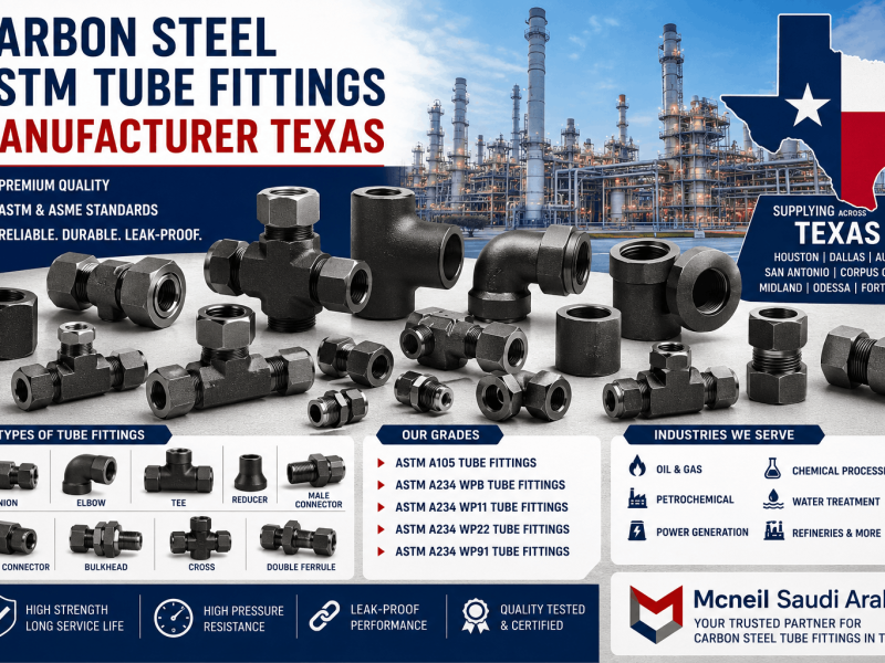 Carbon Steel ASTM Tube Fittings Manufacturer Texas supplying ASTM A105, ASTM A234 WPB, WP11, WP22, and WP91 tube fittings for oil and gas, petrochemical, refinery, and power generation industries.