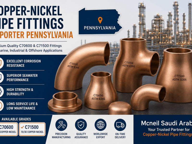 Copper-Nickel Pipe Fittings Exporter Pennsylvania supplying ASTM B366 C70600 and C71500 copper-nickel elbows, tees, reducers, and buttweld fittings for marine and industrial applications.