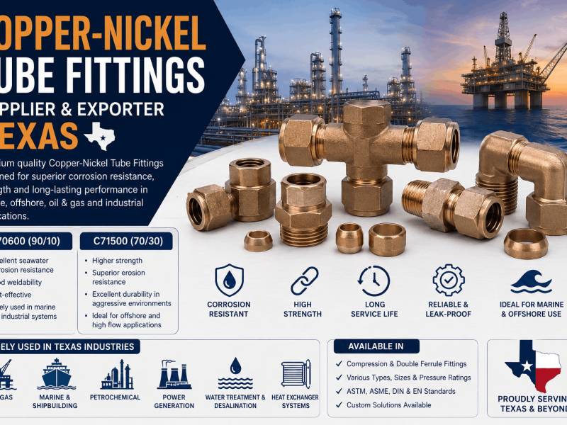 Copper-Nickel Tube Fittings Supplier & Exporter Texas offering Copper-Nickel C70600 (90/10) and C71500 (70/30) tube fittings for marine, offshore, oil & gas, petrochemical, and industrial applications.