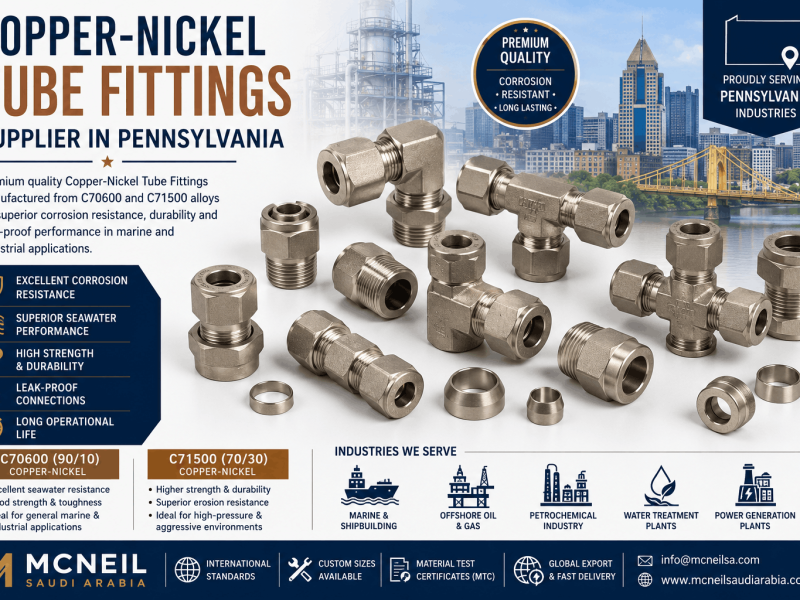 Copper-Nickel C70600 and C71500 Tube Fittings Supplier in Pennsylvania offering corrosion-resistant compression, union, elbow, tee, and instrumentation fittings for marine and industrial applications.