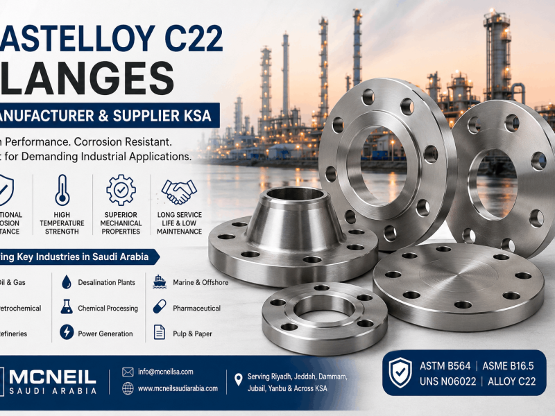 Hastelloy C22 Flanges Manufacturer & Supplier KSA offering ASTM B564 UNS N06022 weld neck, slip on, blind and forged flanges for oil & gas, petrochemical and desalination industries in Saudi Arabia.