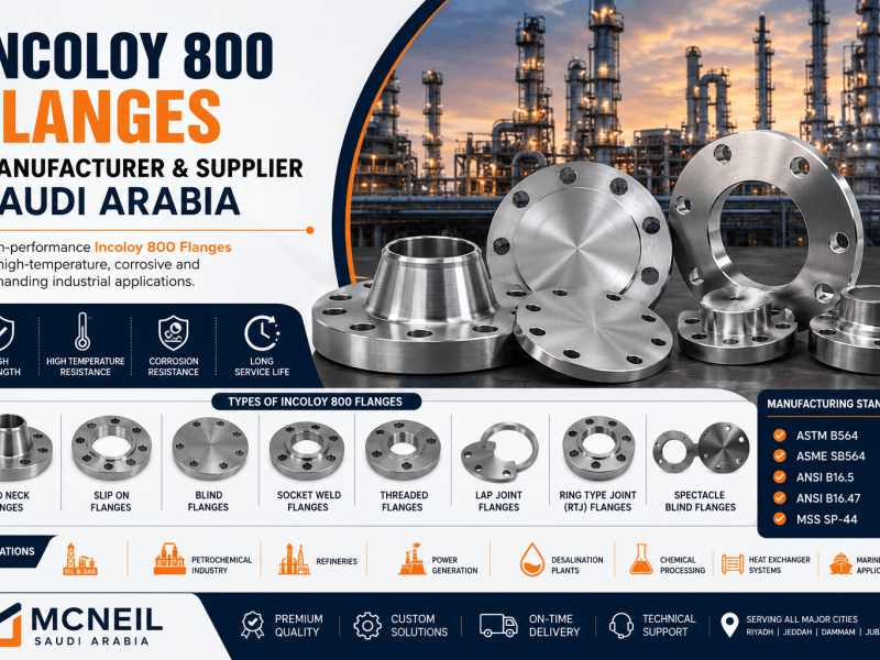 Incoloy 800 Flanges manufacturer and supplier in Saudi Arabia offering ASTM B564 nickel alloy weld neck, blind, slip-on and RTJ flanges for oil and gas, petrochemical and power industries.