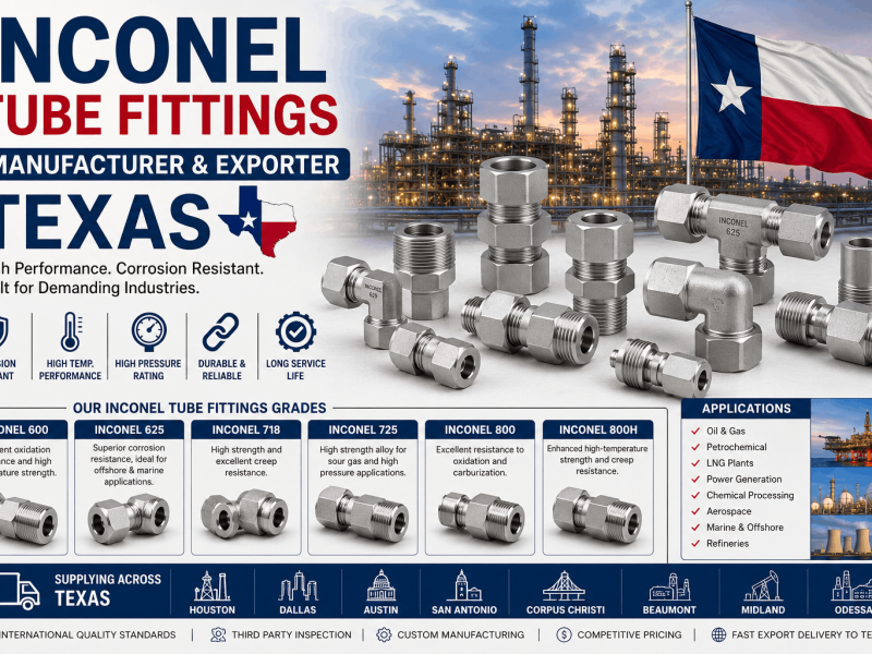 Inconel Tube Fittings Manufacturer & Exporter in Texas supplying Inconel 600, 625, 718, 725, 800 and 800H compression and instrumentation tube fittings for oil and gas, petrochemical and industrial applications.