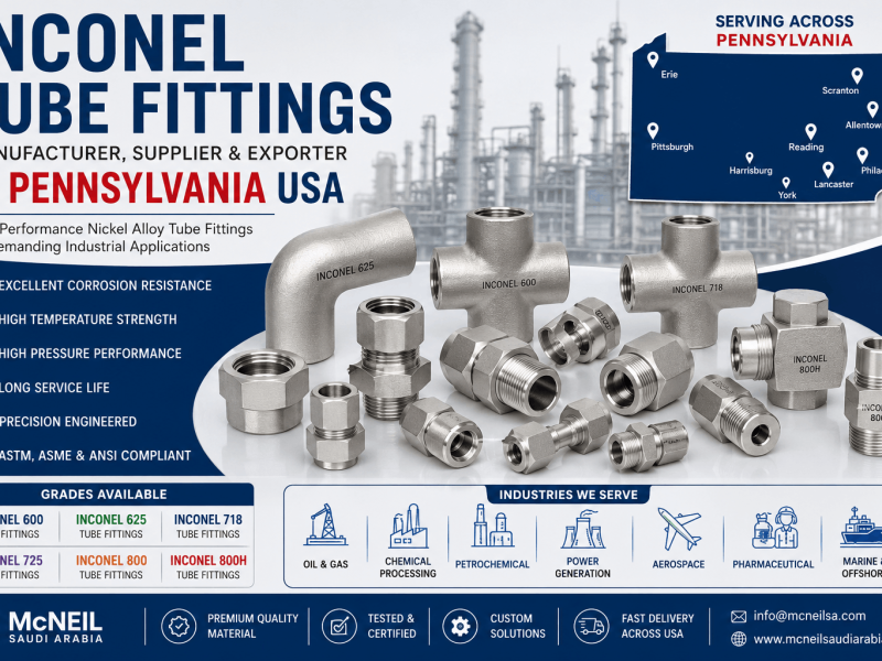 Inconel Tube Fittings Manufacturer in Pennsylvania USA supplying Inconel 600, 625, 718, 725, 800 and 800H tube fittings for oil and gas, petrochemical, aerospace and power generation industries.
