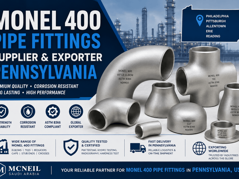Monel 400 Pipe Fittings Supplier & Exporter Pennsylvania offering ASTM B366 elbows, tees, reducers, caps, and stub ends for industrial applications.