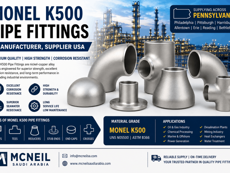 Monel K500 Pipe Fittings Manufacturer and Supplier USA offering ASTM B366 UNS N05500 elbows, tees, reducers, and buttweld fittings in Pennsylvania