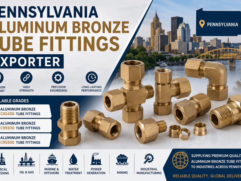 Pennsylvania Aluminum Bronze Tube Fittings Exporter supplying Aluminum Bronze C95400, C95500, and C95800 tube fittings for chemical processing, oil and gas, marine, power generation, and industrial applications.