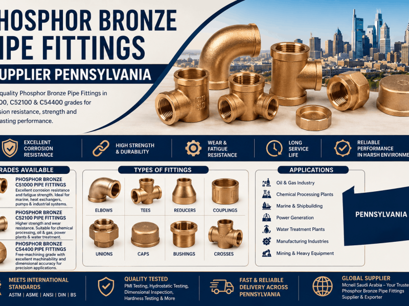 Phosphor Bronze Pipe Fittings Supplier Pennsylvania offering C51000, C52100, and C54400 pipe fittings including elbows, tees, reducers, couplings, unions, caps, and crosses for industrial applications.