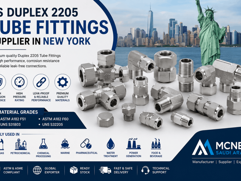 SS Duplex 2205 Tube Fittings Supplier in New York offering ASTM A182 F51, ASTM A182 F60, UNS S31803, and UNS S32205 compression tube fittings for industrial applications.