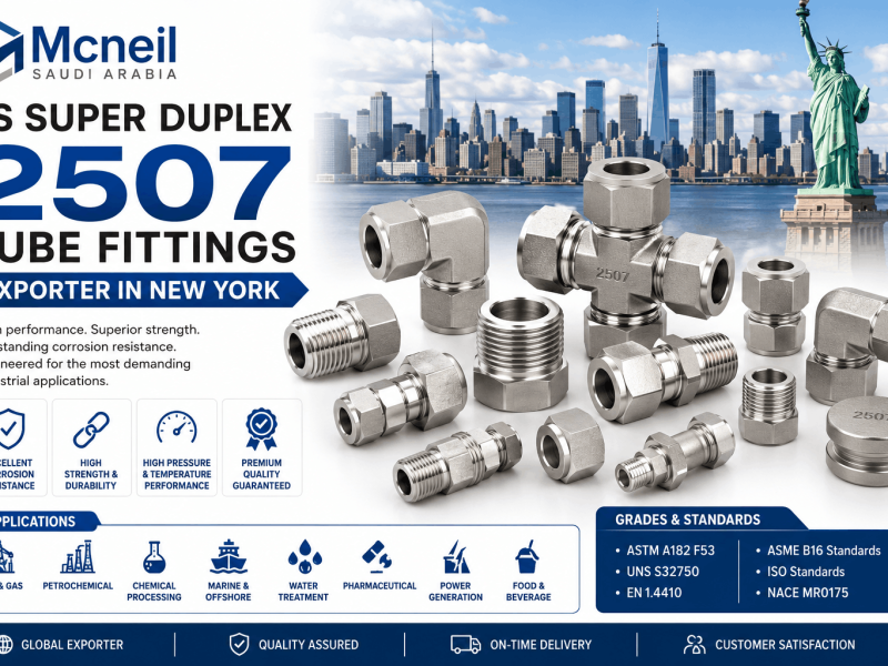 SS Super Duplex 2507 Tube Fittings Exporter in New York supplying ASTM A182 F53 and UNS S32750 compression, ferrule, and instrumentation tube fittings for industrial applications.