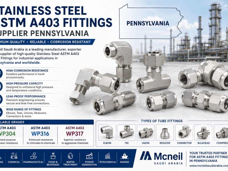 Stainless Steel ASTM A403 WP304, WP316, and WP317 Tube Fittings Supplier in Pennsylvania offering corrosion-resistant compression, elbow, tee, union, and instrumentation fittings for industrial applications.