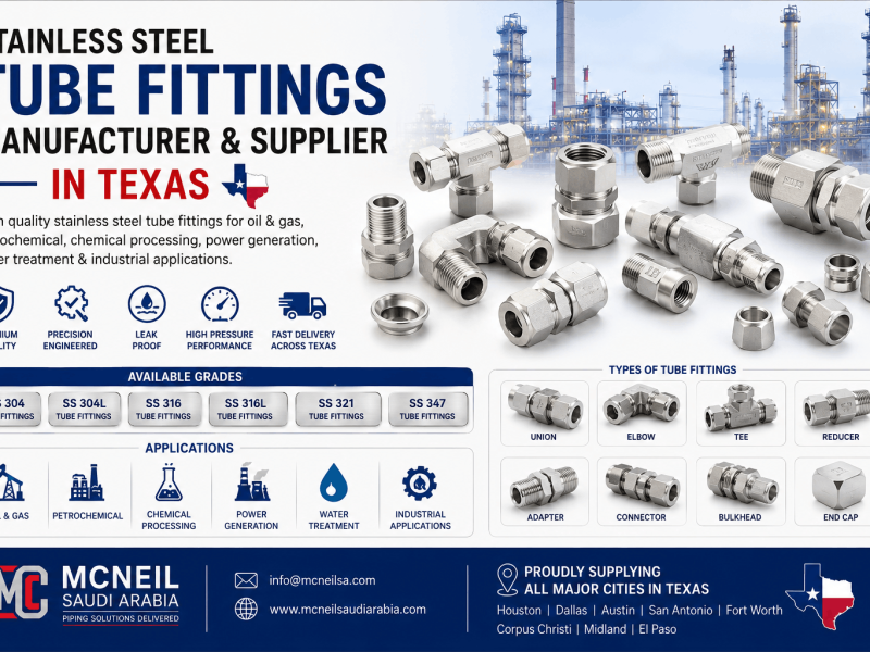 Stainless Steel Tube Fittings Manufacturer & Supplier in Texas offering SS 304, 304L, 316, 316L, 321 and 347 tube fittings for oil and gas, petrochemical, power generation and water treatment industries.