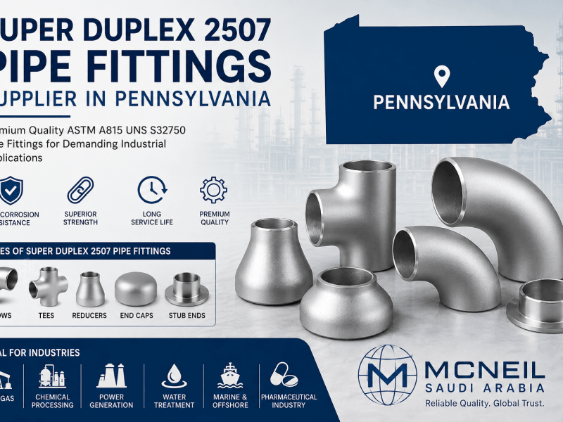 Super Duplex 2507 Pipe Fittings Supplier Pennsylvania offering ASTM A815 UNS S32750 elbows, tees, reducers, and butt weld fittings for industrial applications.