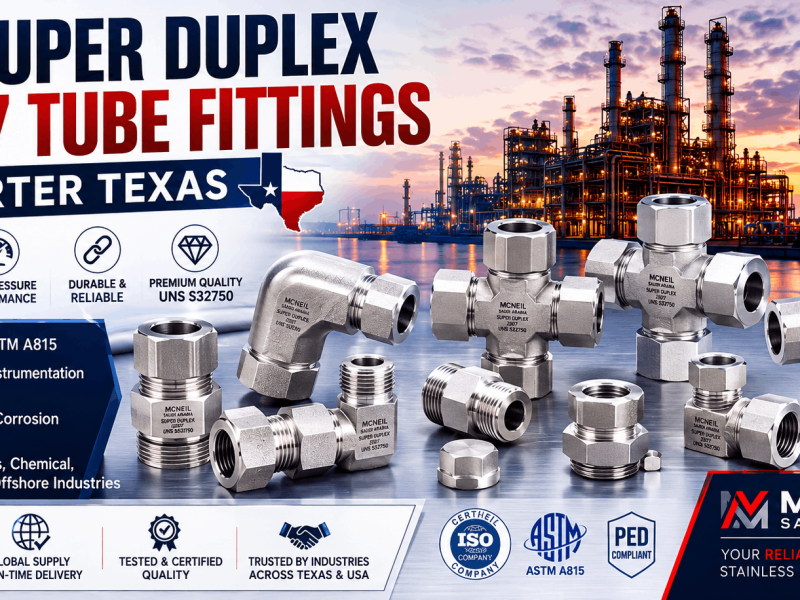 SS Super Duplex 2507 tube fittings exporter in Texas supplying corrosion resistant UNS S32750 fittings for oil and gas industry
