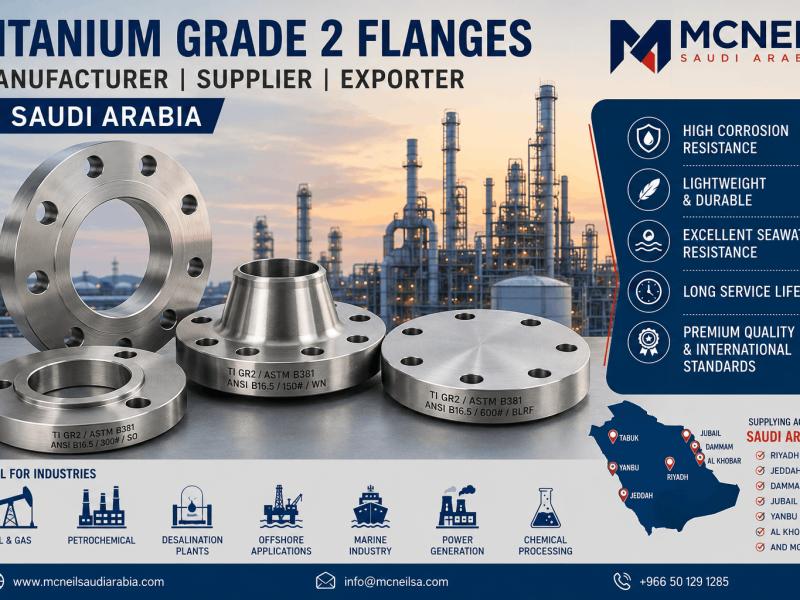 Titanium Grade 2 Flanges Manufacturer Supplier Saudi Arabia offering ASTM B381 titanium weld neck, slip-on, and blind flanges for oil and gas, petrochemical, marine, and desalination industries.