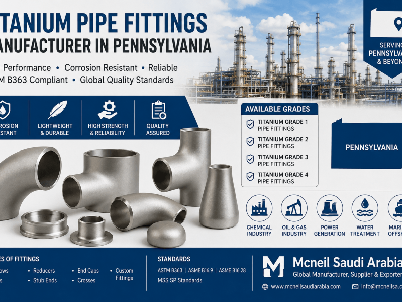 Titanium Pipe Fittings Manufacturer in Pennsylvania supplying ASTM B363 Titanium Grade 1, Grade 2, Grade 3, and Grade 4 pipe fittings for industrial applications.