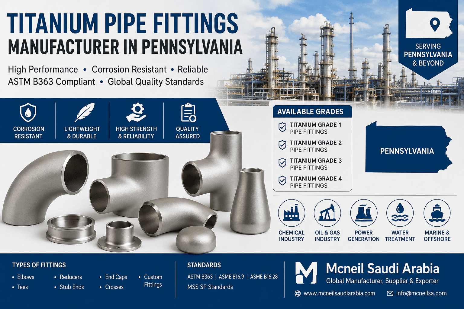 Titanium Pipe Fittings Manufacturer in Pennsylvania - Mcneil Saudiarabia