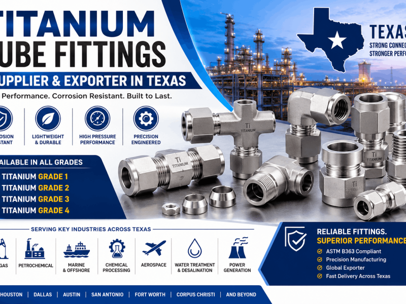 Titanium Grade 1, Grade 2, Grade 3, and Grade 4 Tube Fittings supplied and exported in Texas for oil and gas, petrochemical, aerospace, and marine industries.