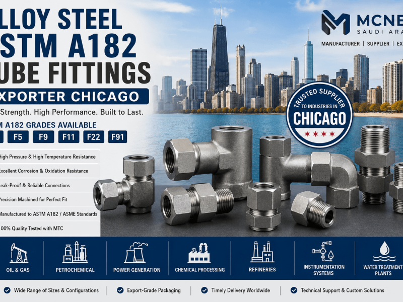 Alloy Steel ASTM A182 Tube Fittings Exporter in Chicago offering ASTM A182 F1, F5, F9, F11, F22, and F91 forged instrumentation tube fittings for high-pressure industrial applications.