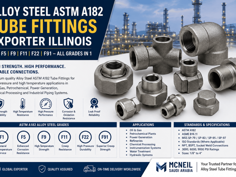 Alloy Steel ASTM A182 Tube Fittings Exporter Illinois supplying ASTM A182 F1, F5, F9, F11, F22, and F91 forged tube fittings for oil & gas, petrochemical, and power industries.