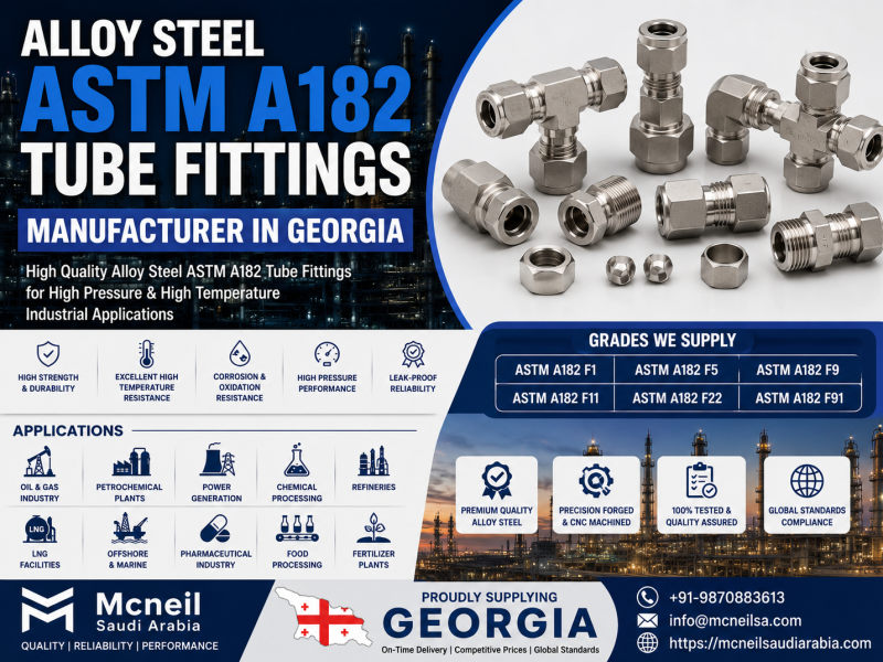Alloy Steel ASTM A182 Tube Fittings Manufacturer Georgia supplying ASTM A182 F1, F5, F9, F11, F22, and F91 tube fittings for oil & gas, petrochemical, and power industries.