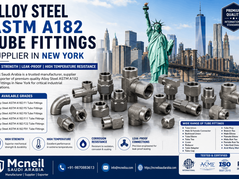 Alloy Steel ASTM A182 Tube Fittings Supplier in New York offering F1, F5, F9, F11, F22, and F91 alloy steel tube fittings for high-pressure industrial applications.