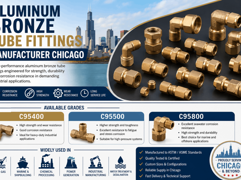 Aluminum Bronze C95400, C95500, and C95800 tube fittings manufactured in Chicago for marine, oil and gas, and industrial applications.