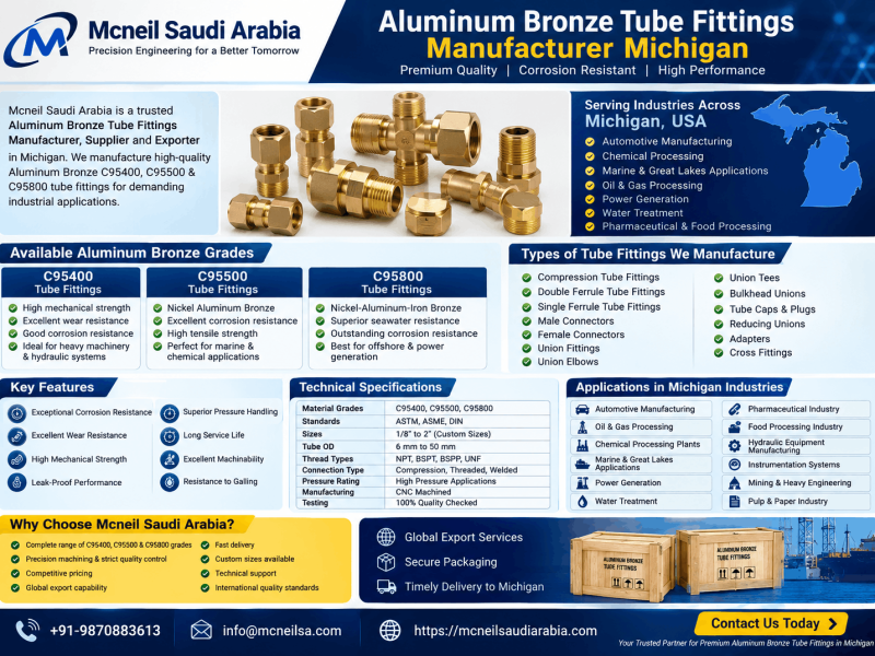 Aluminum Bronze Tube Fittings Manufacturer in Michigan offering C95400, C95500, and C95800 compression, instrumentation, and hydraulic tube fittings for industrial applications.