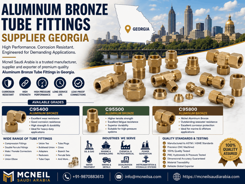 Aluminum Bronze Tube Fittings Supplier Georgia offering C95400, C95500 and C95800 compression and double ferrule tube fittings for marine, oil & gas and industrial applications.