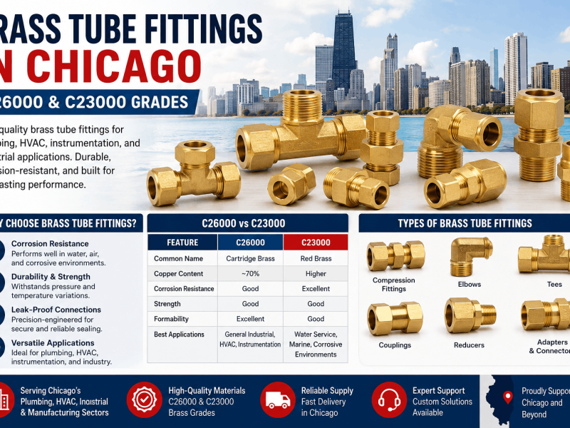 Brass C26000 and C23000 tube fittings in Chicago, including compression fittings, elbows, tees, couplings, and adapters for plumbing, HVAC, instrumentation, and industrial applications.