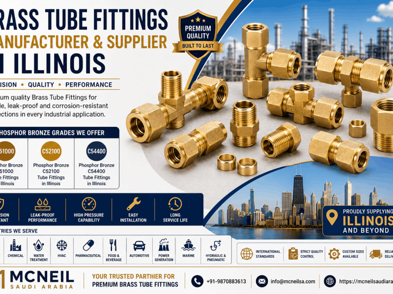 Brass Tube Fittings Manufacturer & Supplier in Illinois offering Phosphor Bronze C51000, C52100, and C54400 tube fittings for industrial applications.
