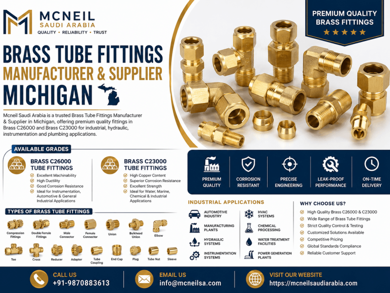 Brass Tube Fittings Manufacturer & Supplier Michigan offering Brass C26000 and Brass C23000 Tube Fittings for hydraulic, instrumentation, automotive, and industrial applications.
