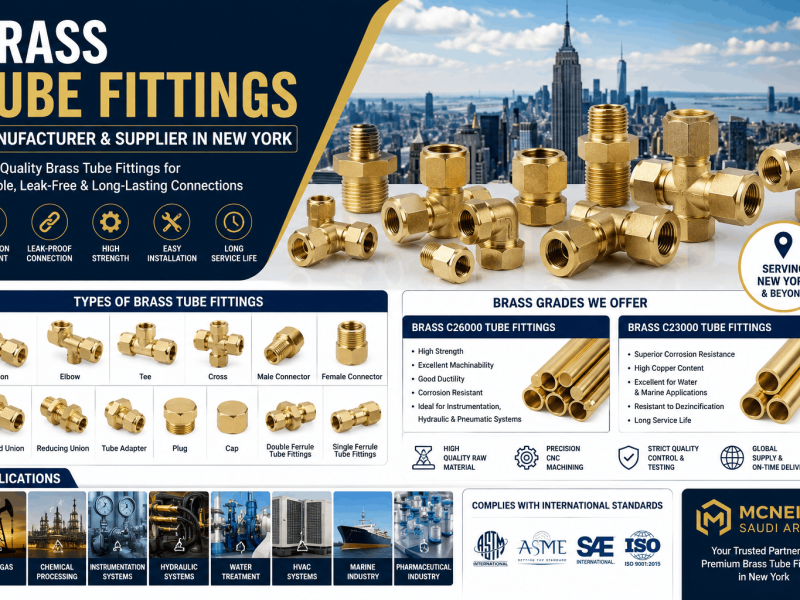 Brass tube fittings manufacturer and supplier in New York showing C26000 and C23000 brass fittings with industrial applications and compression fittings overview